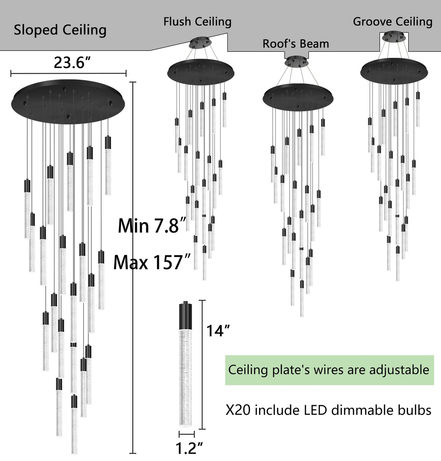 Haixiang 13 Foot High Ceiling Chandelier For Entryway Modern Crystal Lights For Living Room Foyer Flush Mount Sloping Ceiling Pendant Light Fixture Remote Dimmable 20-Lights Black