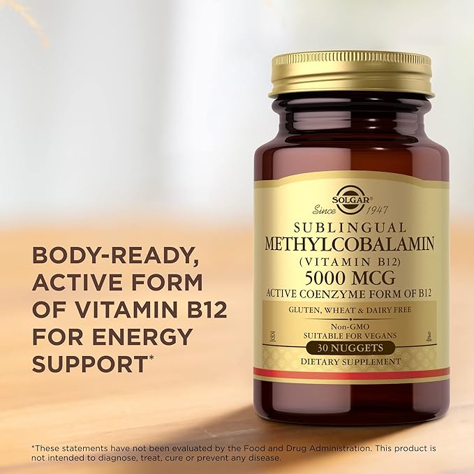 Solgar Methylcobalamin (Vitamin B12) 5000 mcg, 30 Nuggets - Supports Energy Metabolism - Body-Ready, Active Form of B12 - Vitamin B - Non GMO, Vegan, Gluten, Dairy Free, Kosher - 30 Servings