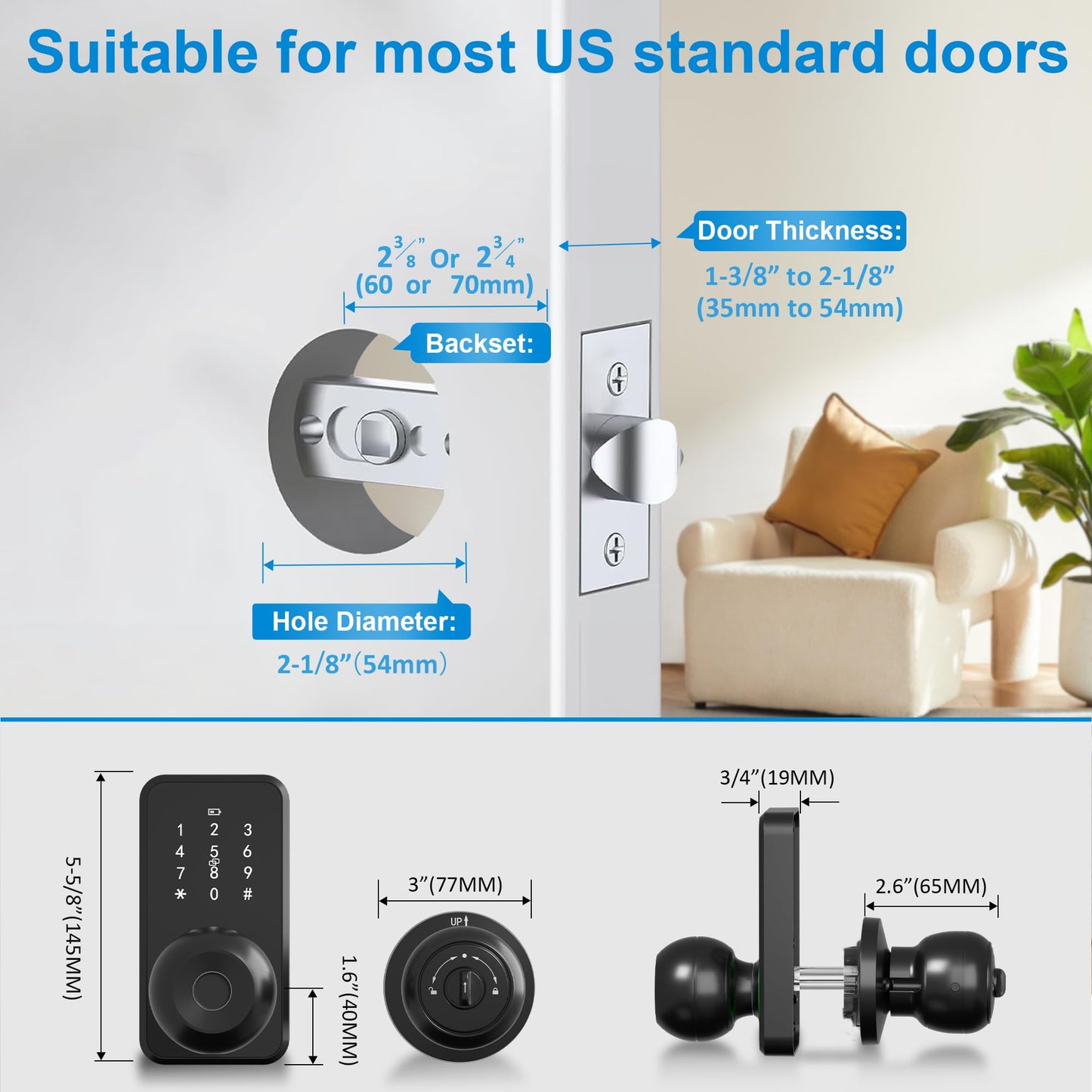 Smart Door Lock with Knob, LinkThai Keyless Entry Fingerprint Lock with Touchscreen Keypad, Electronic Knob Digital Lock for Front Door, Easy Installation