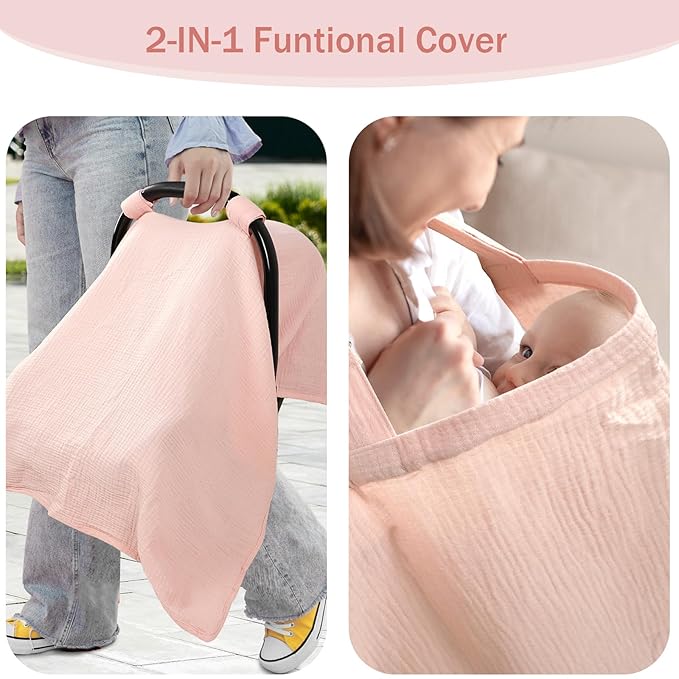 Hooyax 2-in-1 Baby Car Seat Cover & Nursing Cover, 100% Muslin Cotton, Breathable Car Seat Canopy and Privacy Breastfeeding Cover, Pink