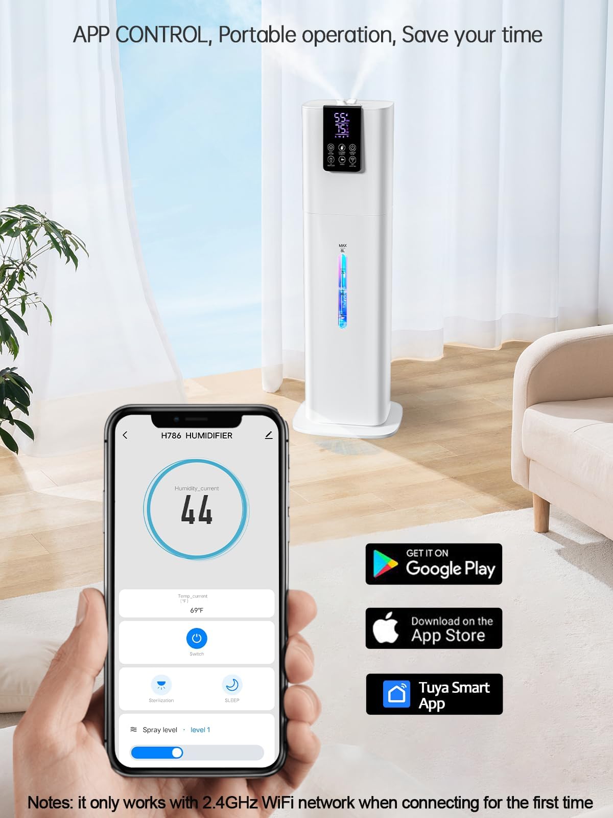 8L Smart Humidifiers For Bedroom Large Room, 2.1Gal Cool Mist Top Fill Diffuser Ambient Light, App & Remote Control, 3 Mist Mode