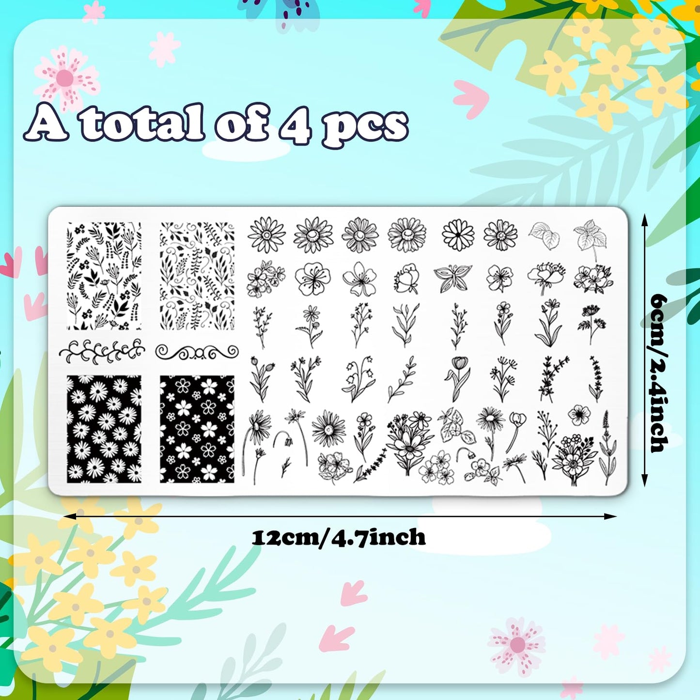 JarThenaAMCS 4Pcs Floral Nail Plates Stamping Set Spring Summer Flower Stamp Templates Nail Art Plates for DIY Print Manicure Sa