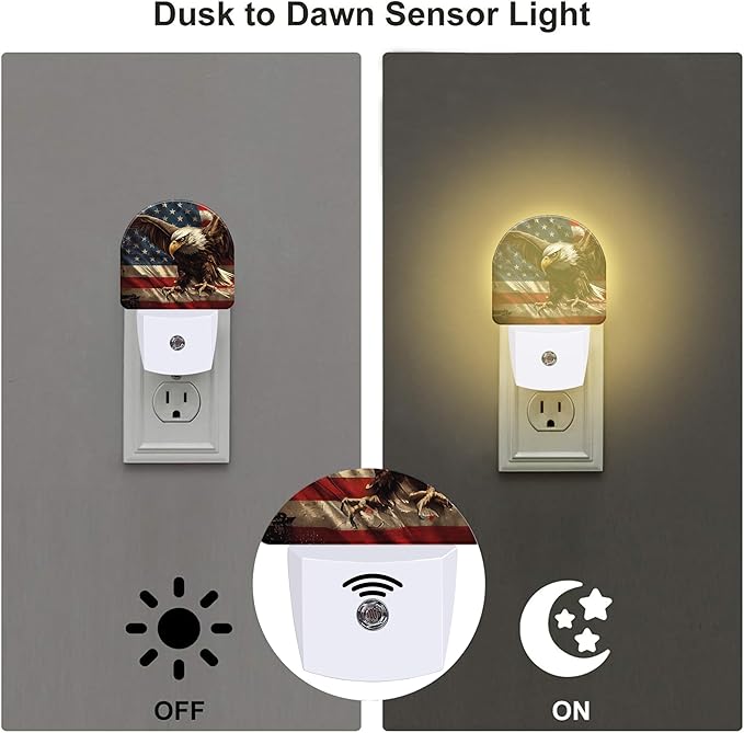 American Flag with Eagle Night Light Plug into Wall,Retro The USA Flag Patriotic Dusk to Dawn Night Light Plug in,0.5w Energy Saving Sleep Friendly NightLight for Kids Boys Girls Home Decor