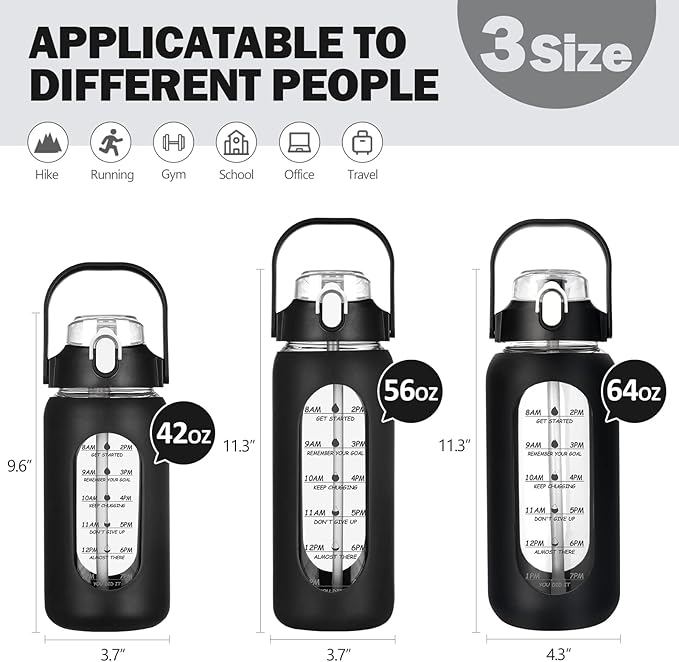 kytffu 64oz Glass Water Bottles with Straw, Half Gallon Motivational Glass Bottle with Silicone Sleeve and Time Marker, 2L Leakproof Large Glass Water Jug for Gym Home Office,Black