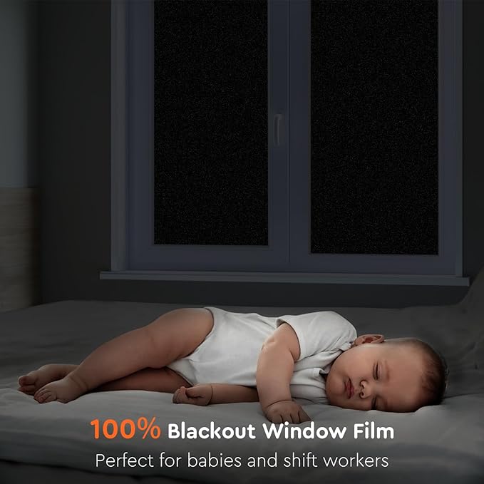 Kromapolis Blackout Window Privacy Film Total Light Blocking Room Darkening Window Covering, Removable Static Cling Frosted Glass Tint, Non-Adhesive, Black 35.4'' x 78.7''