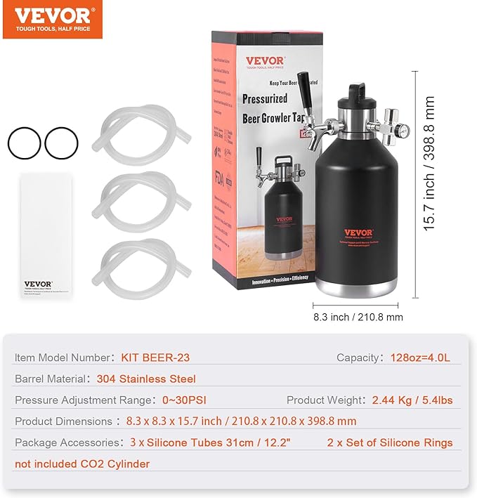 Beer Growler Tap System, 128Oz 4L Mini Keg, 304 Stainless Steel Pressurized Beer Growler, Keg Growler with Pressure Display, CO2 Regulator Faucet, Leak-Proof Ring For Draft, Homebrew, Craft Beer