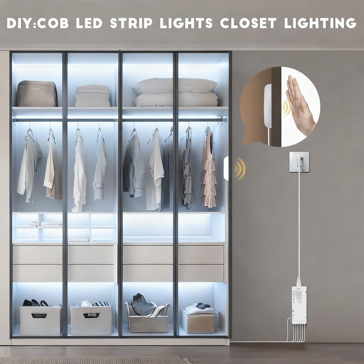 Chnmalitai Under Cabinet Led Lighting Kit  6 Pcs 6500K White Led Strip Lights Penetrable Wood Touch Dimmable Cob Led Strip With 60W Adapter For Kitchen Cabinet Counter Shelf Tv Back Showcase