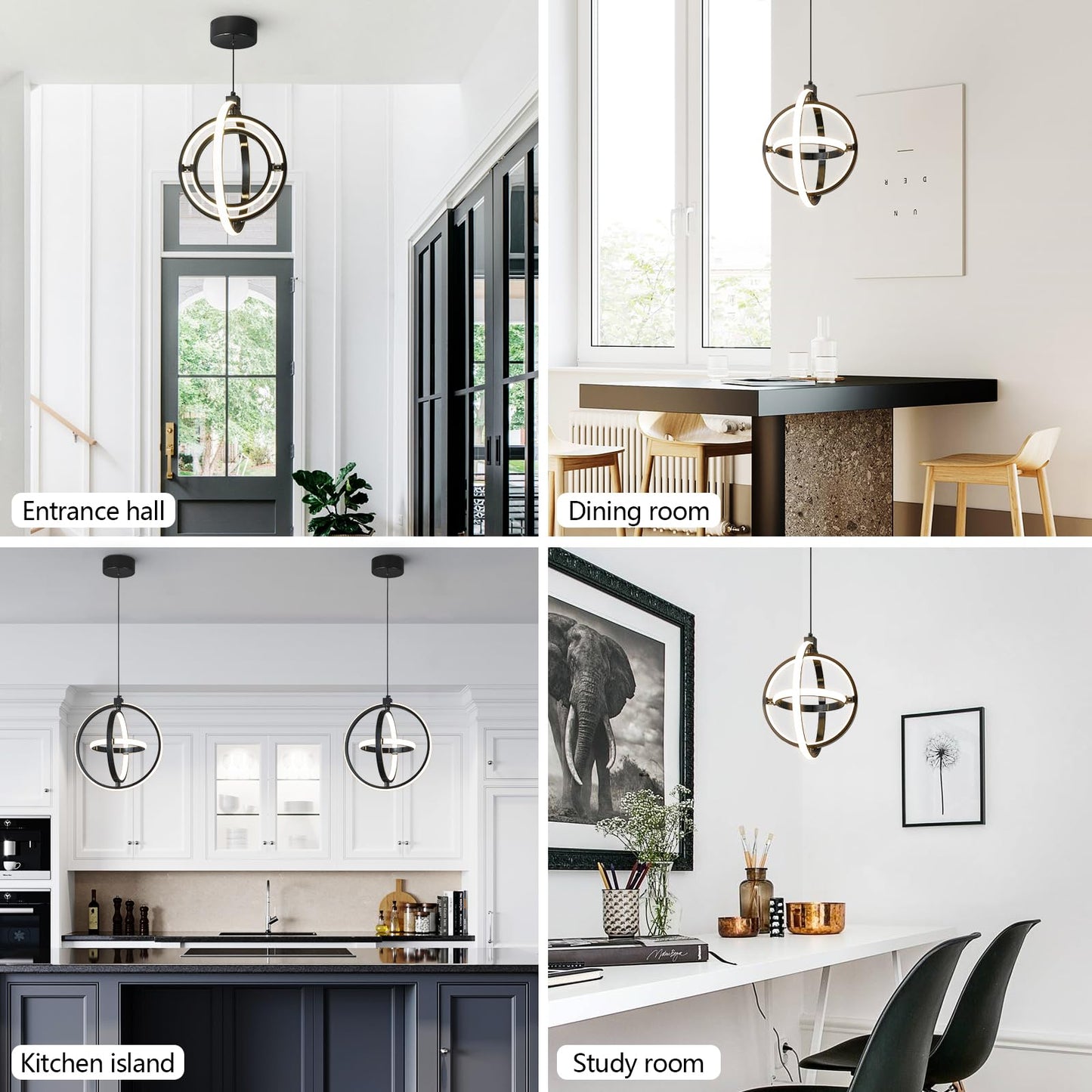 Bnhhlz Modern Led Pendant Light Black Pendant Lights 4000K Dimmable External Glow Height Adjustable Pendant Lighting For Kitchen Island Dining Room Bedroom Living Room Foyer(3-Ring)