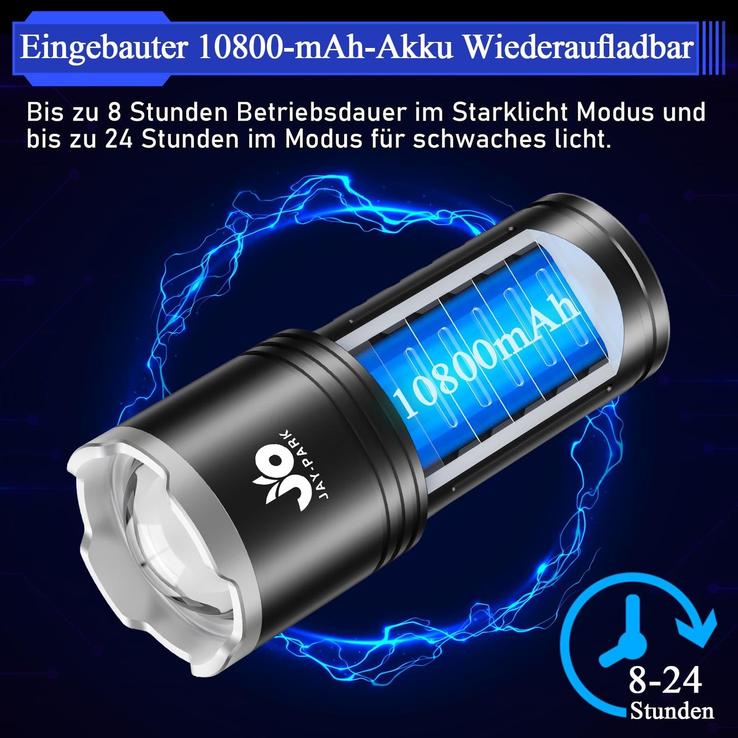 Jay-Park Led Flashlights High Lumens - 10000 Lm  Built-In 10800Mah Rechargeable Battery And Lcd Power Display  5 Lighting Modes  Zoomable  For Home  Emergency