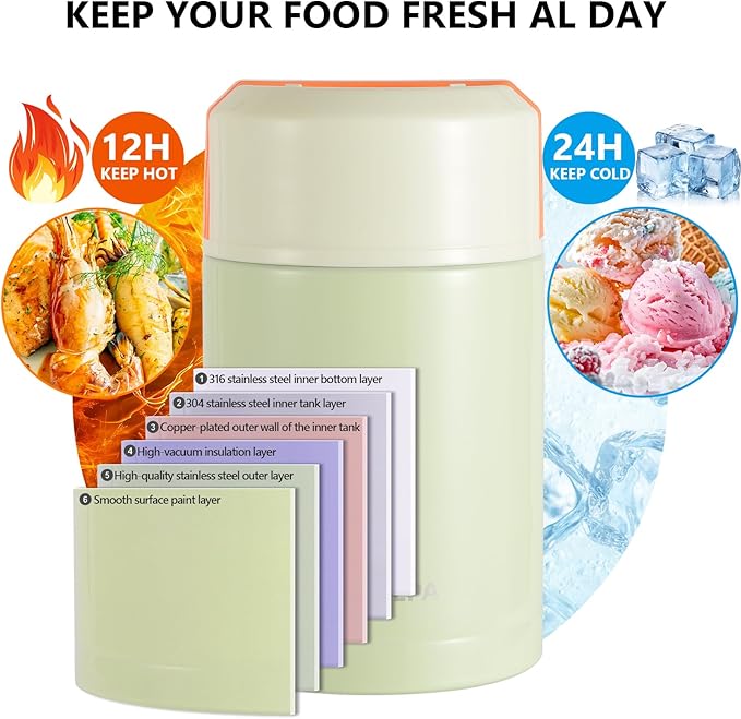 33.8oz Insulated Food Jar, 316 Stainless Steel Thermo for Hot Food, Leak-Proof Lunch Container for Construction, Truck Drivers, Work & Travel (Green)