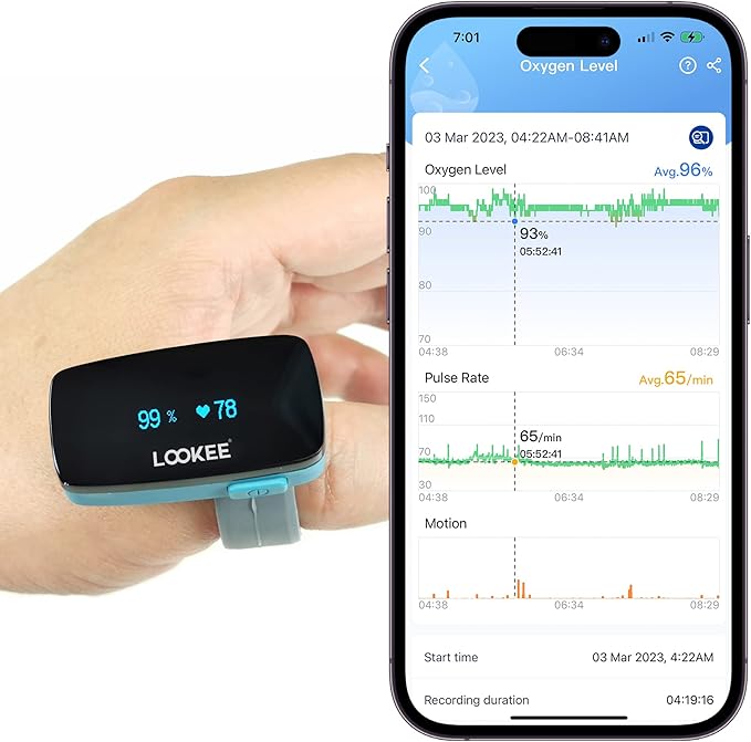 LOOKEE Ring Continuous Pulse Oximeter - Wearable Oxygen Monitor with Vibration Reminder for Low O2 - Rechargeable Blood Ox...