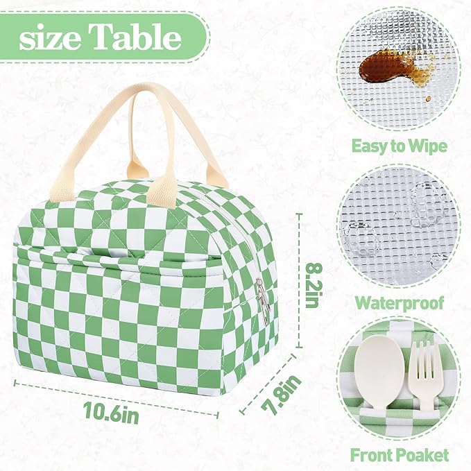 Cotton Quilted Insulated Lunch Bag, Cute Quilted Floral Lunch Tote Bags Reusable Insulated Lunch Box Coquette Aesthetic Large Capacity Insulated Cooler for Women Work Travel Picnic (Checkered Green)