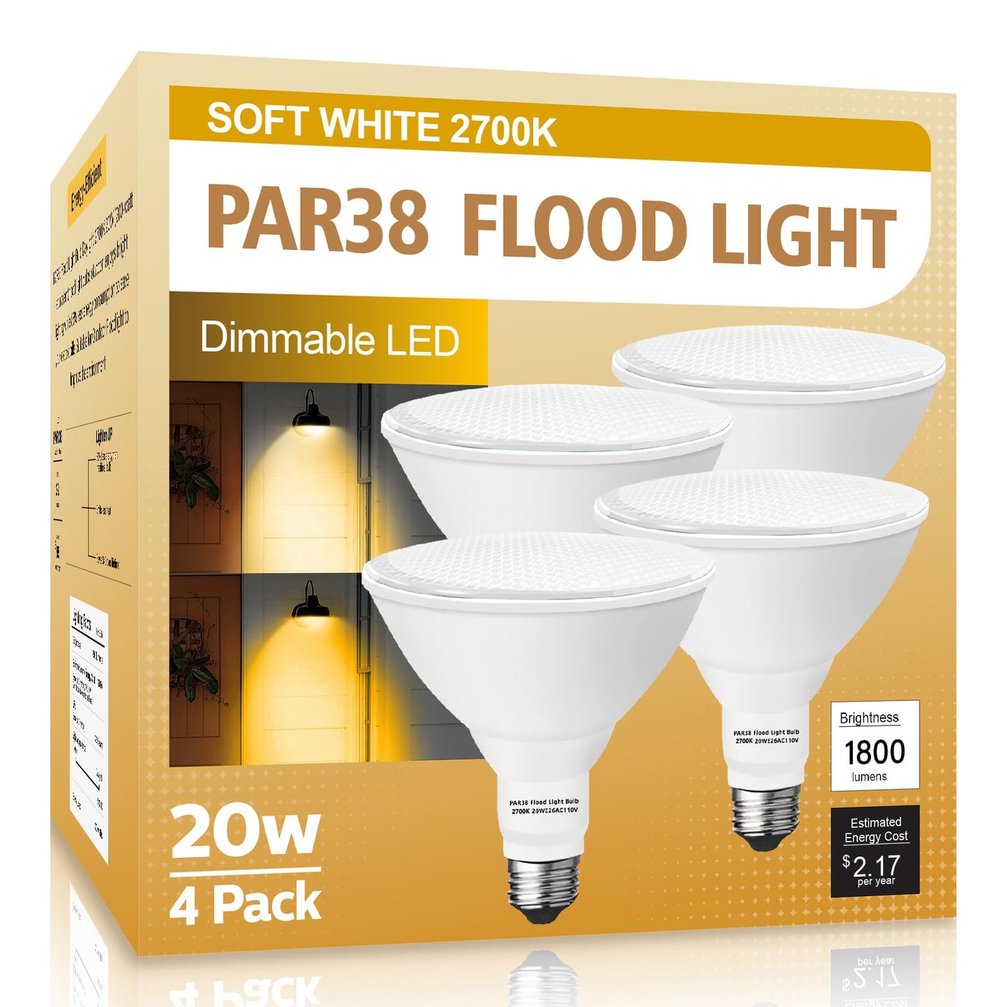LOXYEE PAR38 LED Flood Light Bulbs, Dimmable 20W (200W Equivalent), 4 Pack, 2700K Soft White, E26 Base, 1800 Lum
