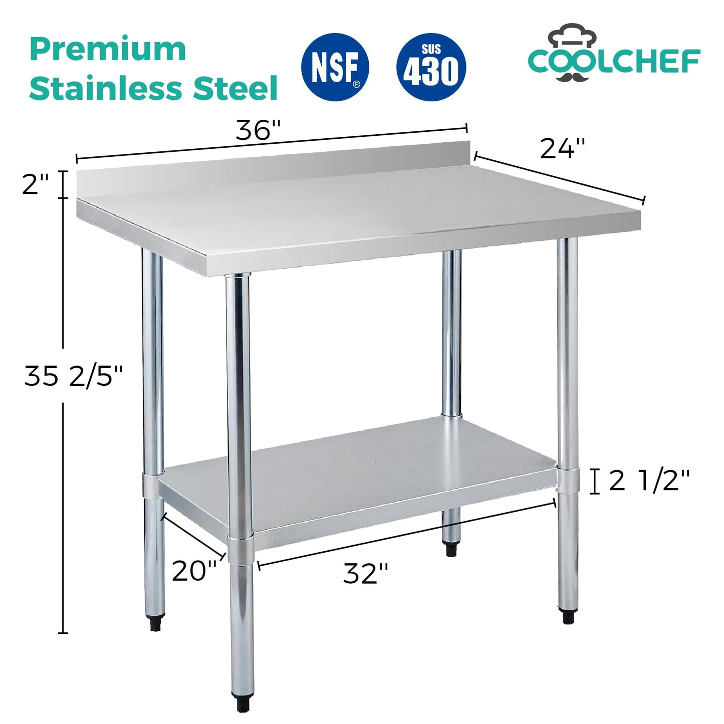 Okeyolive Stainless Steel Work Table 24 x 36 Inch, NSF Commercial Prep Table with Undershelf, Heavy Duty Food Prep Workstation with Backsplash