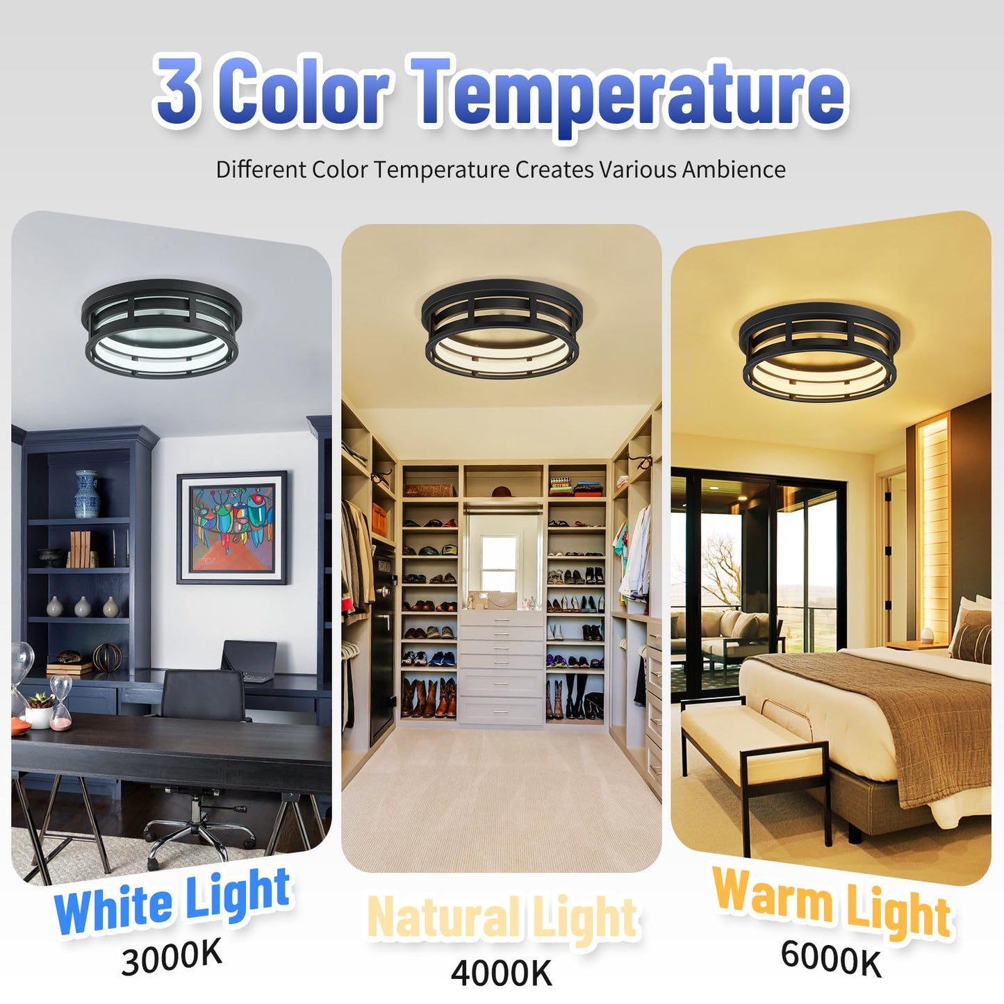 ZHU YAN LED Flush Mount Ceiling Light Fixture, 13in, Black, 3 Color Selectable, Model D0908, 2 Pack