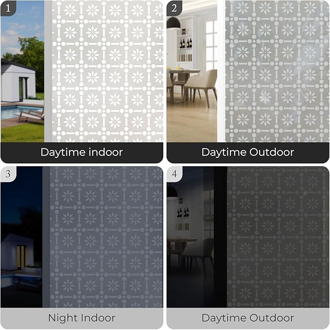 Window Privacy Film, Frosted Glass Decorative Static Cling, Removable Sun Blocking Vinyl Covering,Window Film for Home Kitchen Living Room Bathroom, ‌Floral Grid‌, 17.3" x 78.7"