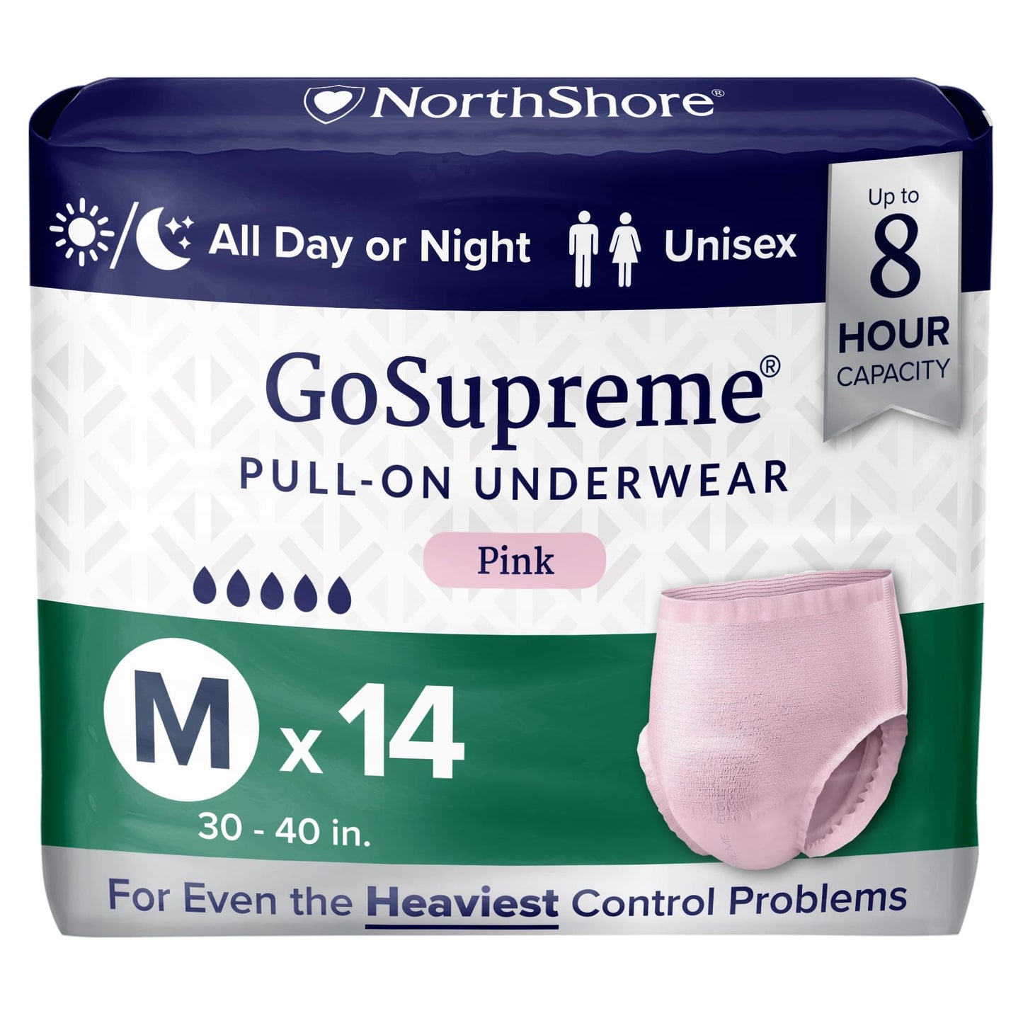 NorthShore GoSupreme Overnight Pull-On Underwear, 8-Hour Leak Protection, Medium, 14-Count Bag, Pink, (30-40 in Waist), Unisex Adult Diapers