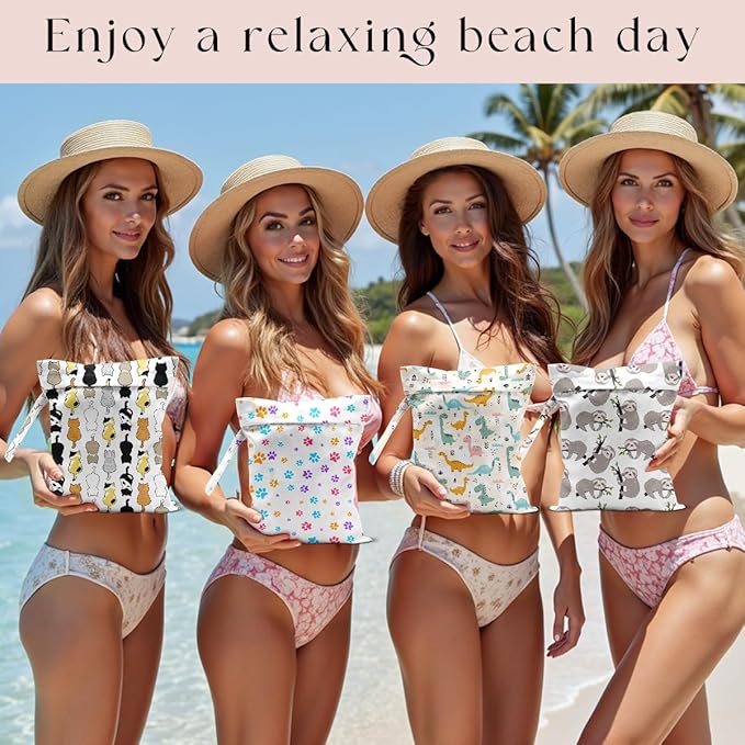 4 Pack Wet Bag for Swimsuit, Beach Travel Essentials Wet Dry Bag, for Sunscreen Toiletry Dirty Clothes Yoga Gym Diaper, Friend Summer Beach Vacation Gifts. Dinosaurs, sloths, dogs