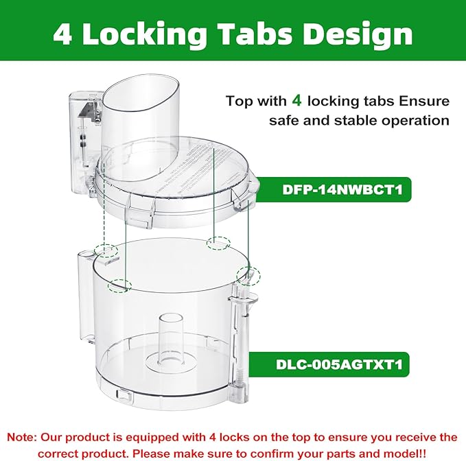 4 Locking Knob DFP-14NWBCT1 Food Processor Replacement Bowl Lid, Compatible with Cuisinart Food Processor DLC-005AGTXT1 Bowl, Suitable for Model DFP-14 (4.45 * 7.6in)