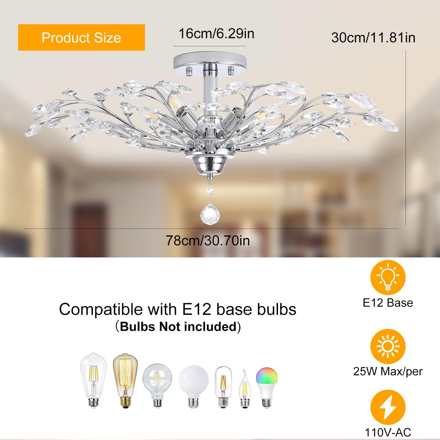 Ganeed Frozen Crystal Branch Close To Ceiling Light Chrome Silvery Vintage Chandelier With 5-Light Heads  Modern K9 Crystal Chandelier For Dining Room Living Room Bedroom Kitchen Over Table