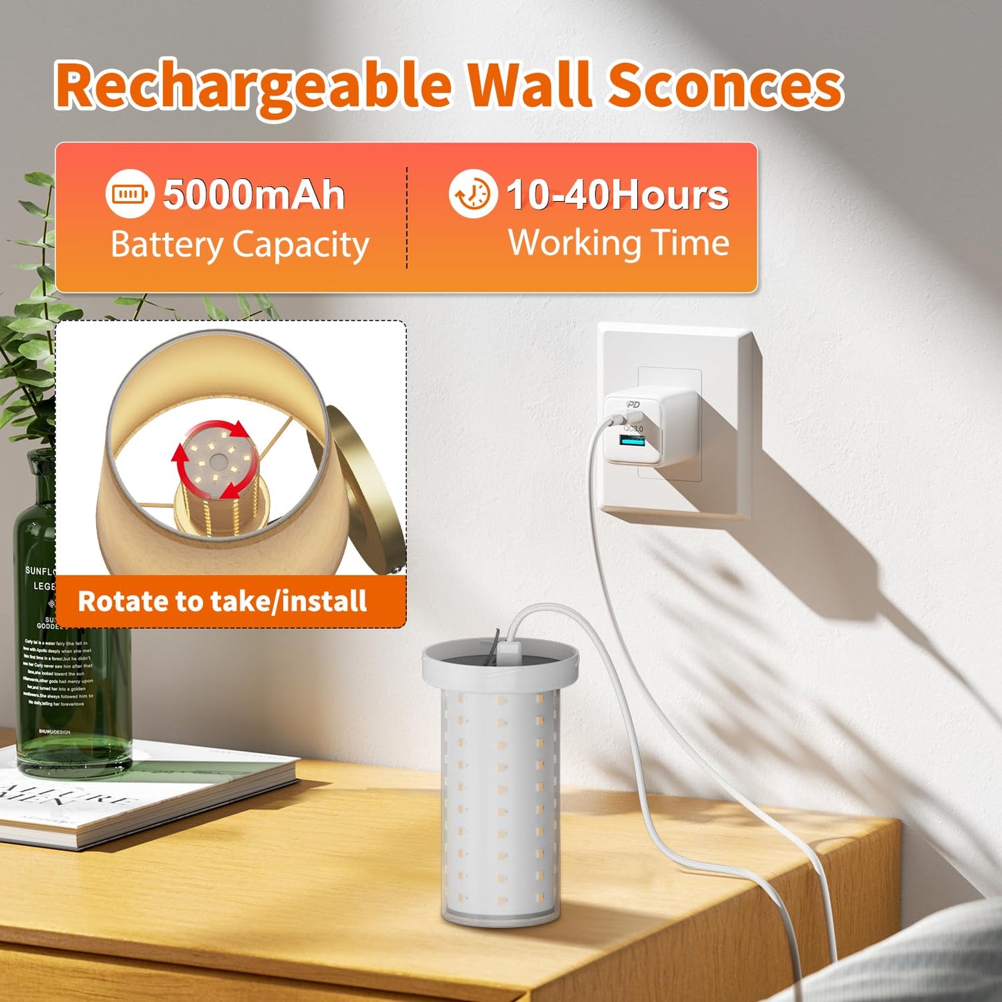 FUNTAPHANTA Battery Operated Wall Sconce Set of Two - Remote Control, Dimmable, Wireless, Black Gold, Model FH-WS01-BG2