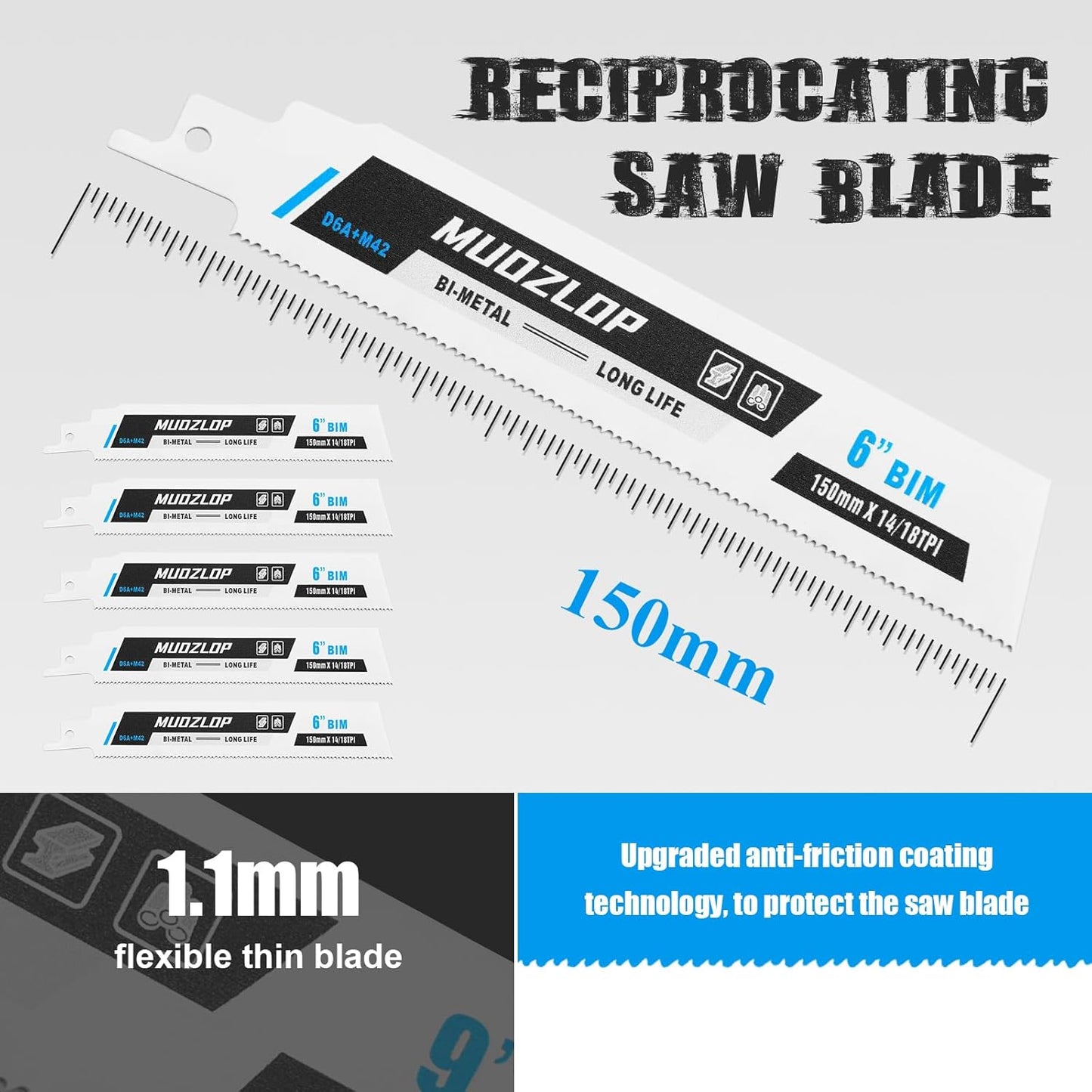 5 Pack 6 inch Reciprocating Saw Blades Set,14/18TPI High Carbon Saw Blades, Metal Saw Blades with Organizer Case (5, 14/18TPI/150mm)
