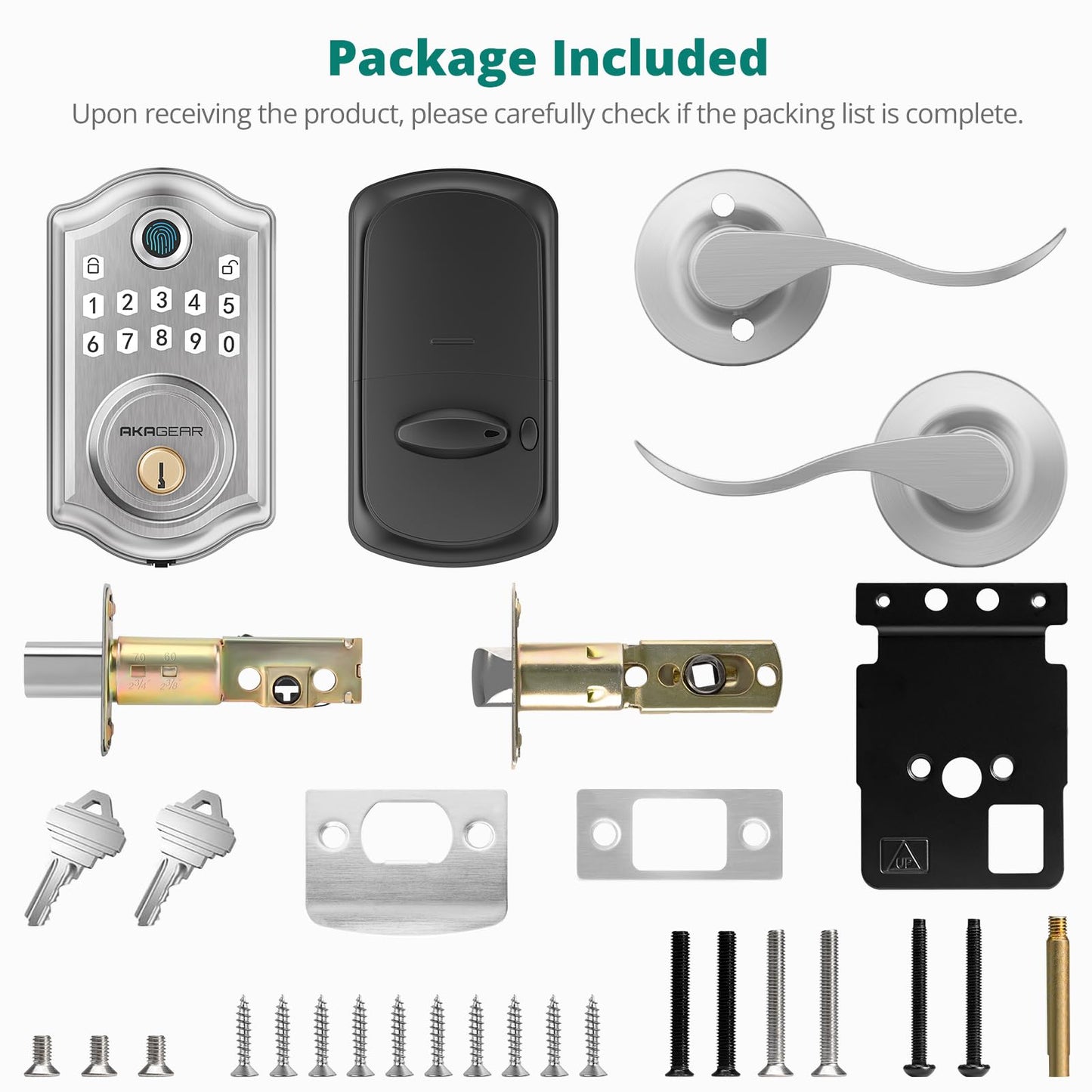 AkaGear DS10 Pro Keyless Entry Door Lock with Handle - 2 Lever Handles, Bluetooth APP Control, Fingerprint Door Locks, Electronic Keypad Deadbolt Lock, Smart Doors Lock, Auto-Lock, Satin Nickel