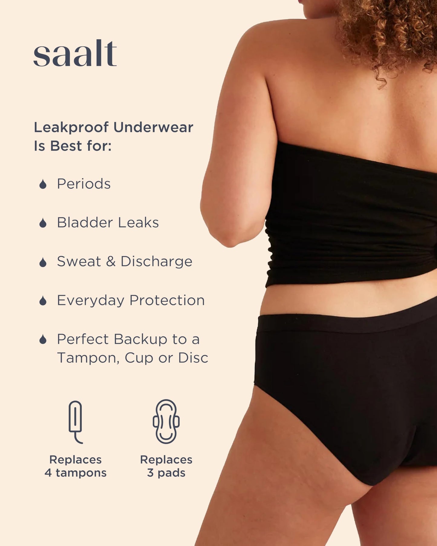 Saalt EveryWear Cotton Brief - Leakproof Period Underwear - Mid-Rise, Full Coverage Womens Underwear - Reusable & Washable - Replaces 3 Pads or 4 Tampons - Large, Volcanic Black