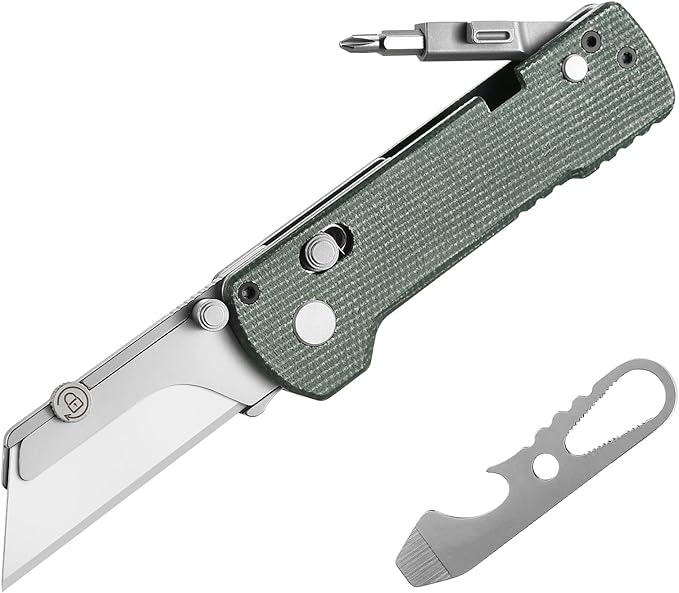 OKNIFE U1 Pro Multitool Folding Utility Knife with Folding Screwdriver, Quick Change Blade, Rail Lock & Pocket Clip for Men Women(Green Micarta）