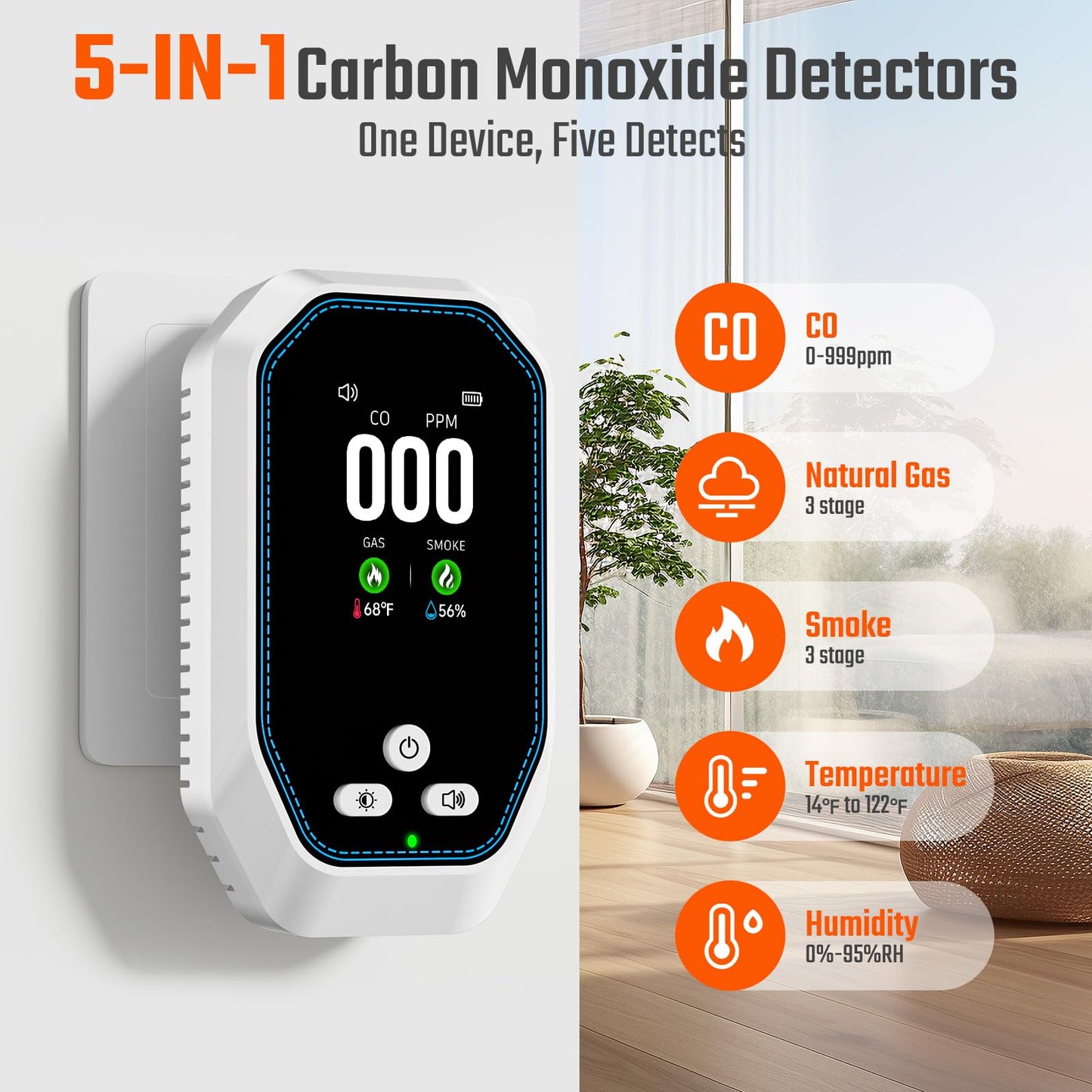 5-in-1 Carbon Monoxide Detectors Plug in, Natural Gas Leak & Smoke Alarm with Temp/Humidity, Battery Backup, CO Detector with LCD Display, Propane Gas Monitor for Home Hotel Travel Camping RV