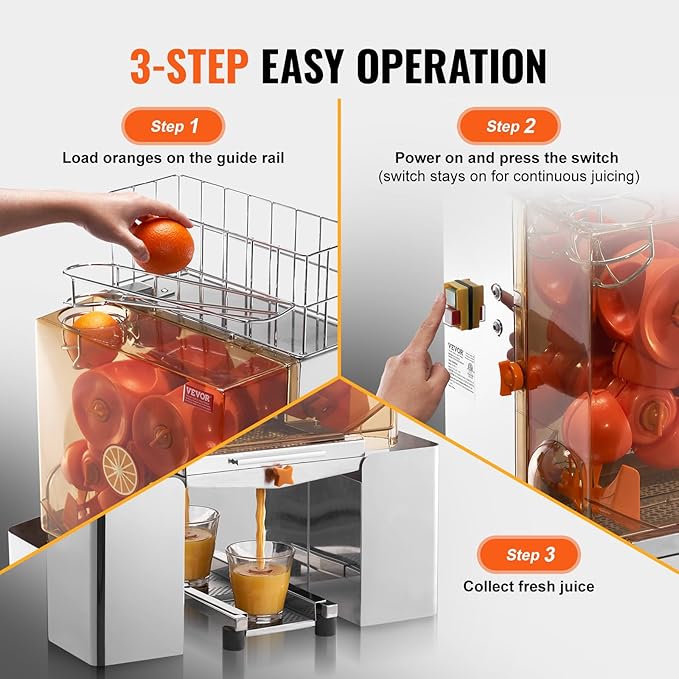 VEVOR Commercial Orange Juicer Machine, 120W Automatic Juice Extractor, Stainless Steel Orange Squeezer for 20 Oranges Per Minute, with Pull-Out Filter Box, PC Cover, 2 Peel Collecting Buckets