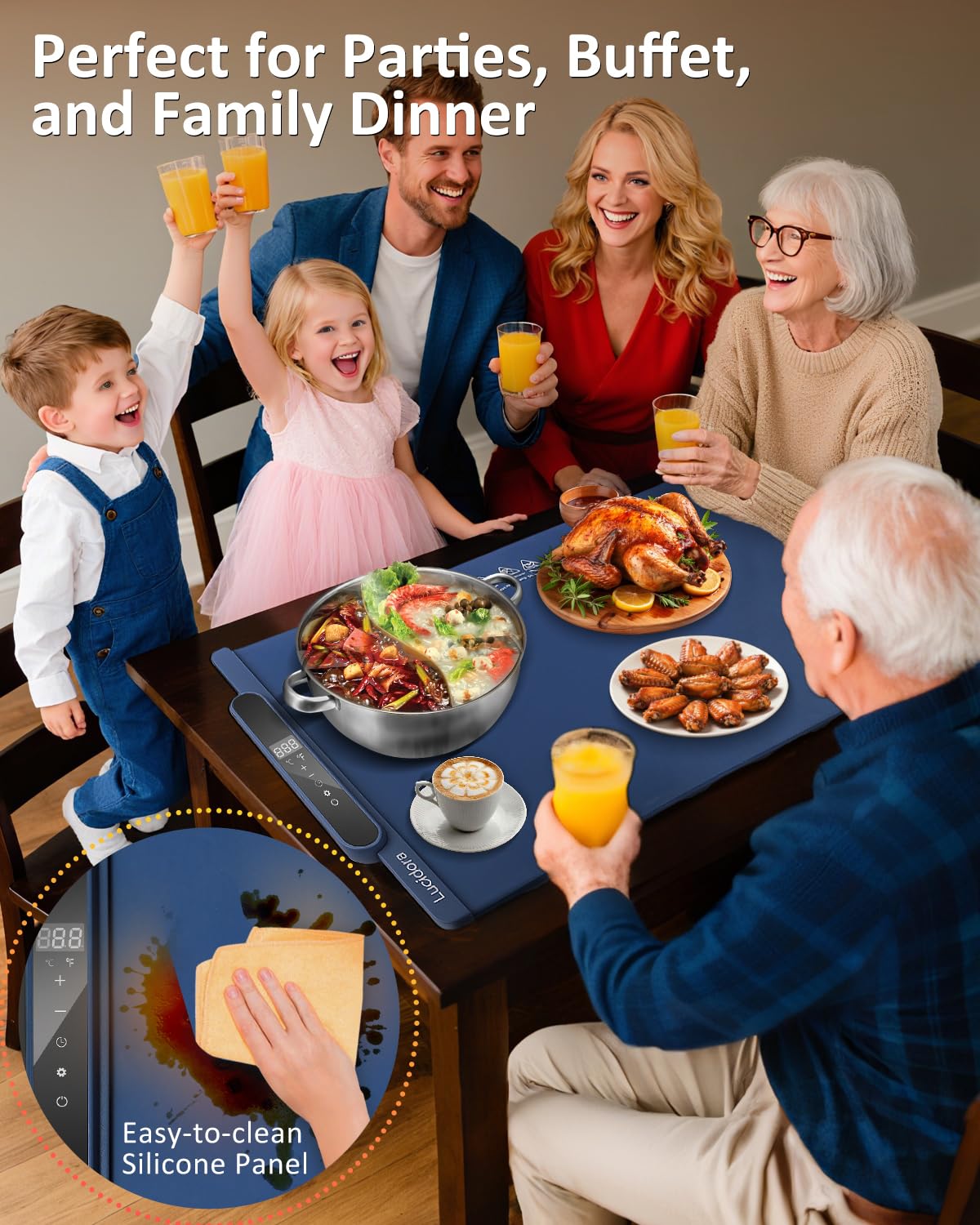 Lucidora Food Warming Mat, Electric Rollable Food Warmer 10 Levels Temperature & 10-Hour Timer Large Warming Tray with Child Lock for Parties & Buffet, Extra-Long 6.5ft Cord, Navy Blue