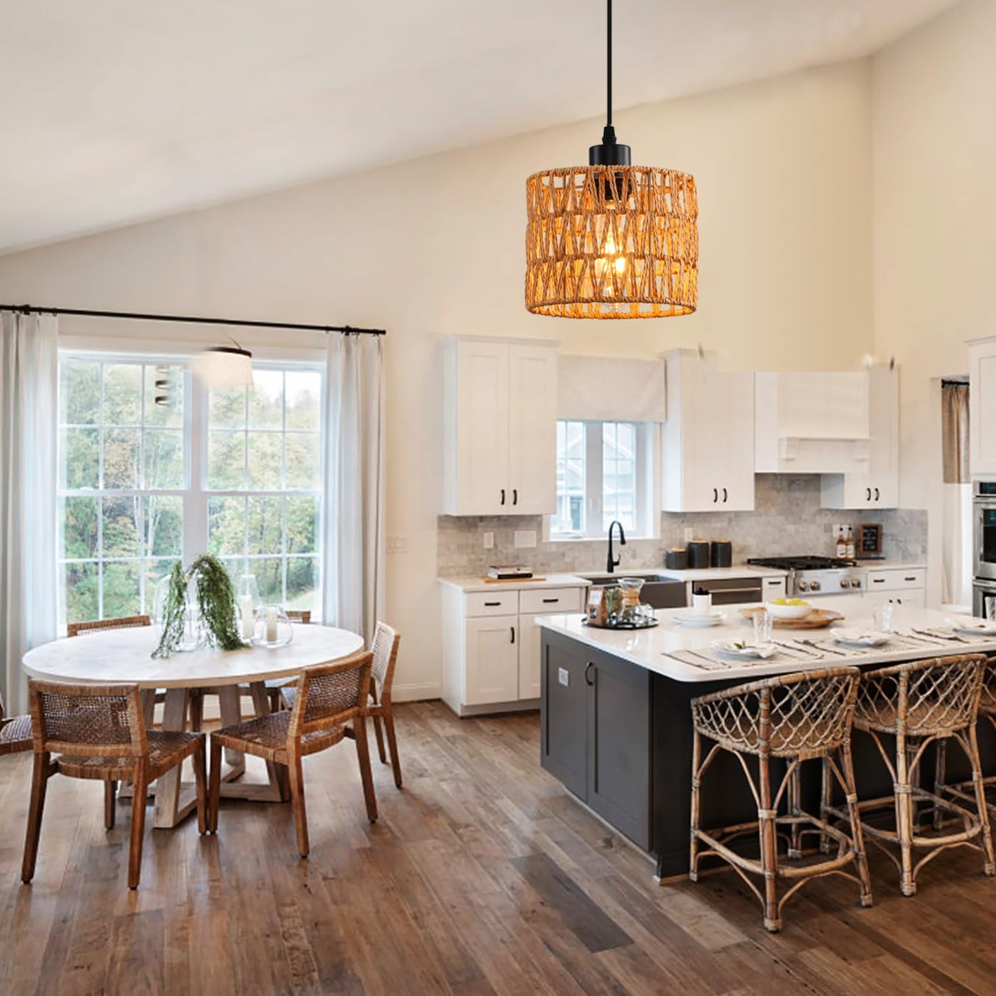 Woven Pendant Light Boho Chandelier  Rattan Pendant Lights Kitchen Island  Farmhouse Pendant Lighting With Hand Woven Wicker Shade  Boho Chandelier Light Fixtures Ceiling Hanging Light