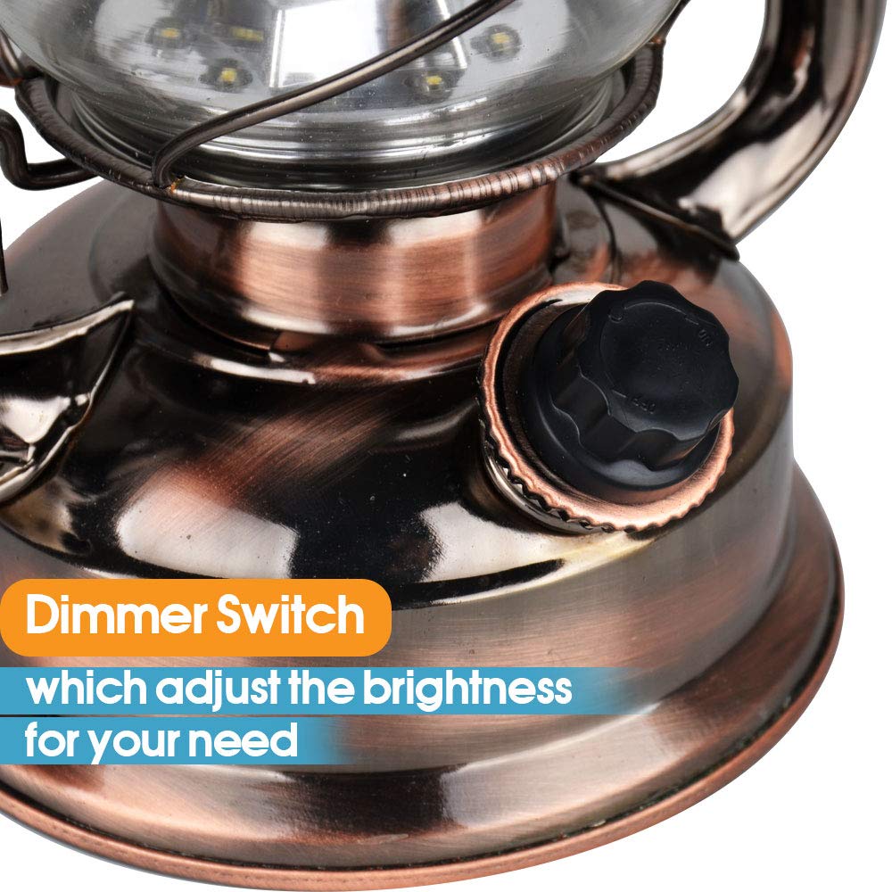 WisHomee Vintage LED Hurricane Lantern, Copper, 15 LEDs, 150 Lumen, Battery Operated, Antique Metal with Dimmer Switch