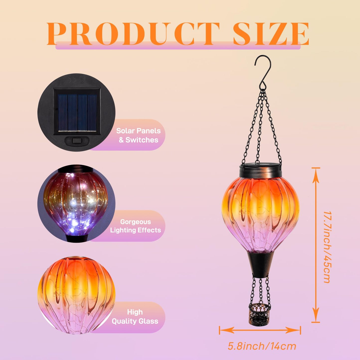 Dreamskip 2Pc Hot Air Balloon Solar Lantern Outdoor Waterproof  Gradient Orange Glass Balloon Lantern Lights  Hanging Solar Lights For Outside Patio Garden Tree Porch Yard Gift For Women Mom