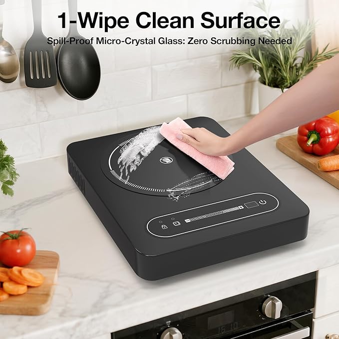 1800W Electric Cooktop, 11 Inch Portable Single Burner with Timer & Child Lock - 110-120V Compact Countertop Stove for Everyday Cooking in Kitchen, Dorm, RV or Office
