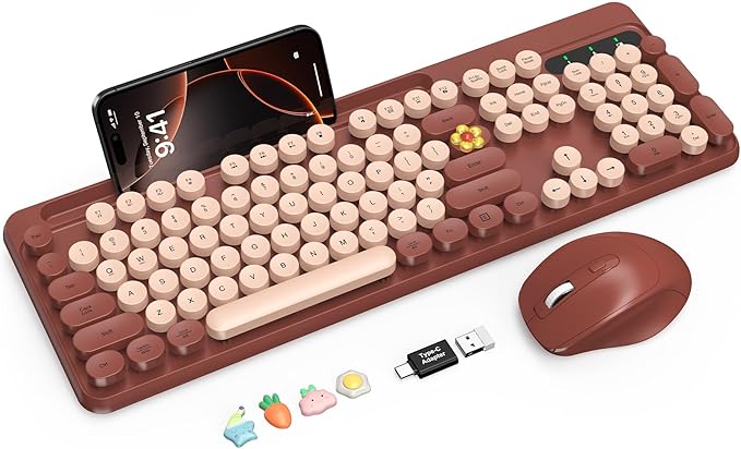 Wireless Keyboard and Mouse Combo, Retro Round Keycaps, Full-Size Stylish Typewriter Keyboard with Phone/Tablet Holder, Ergonomic Mouse with 3-Level DPI, 2.4GHz Connection for Windows/PC (Burgundy)