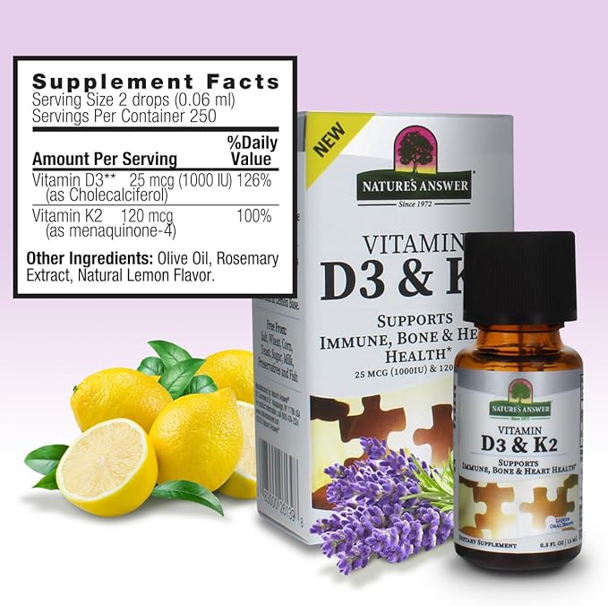 Nature's Answer Vitamin D3 and K2 Liquid Extract Oral Drops Two in one Support Supports Immune, Bone and Heart Health 0.5 fl oz - 15 ml