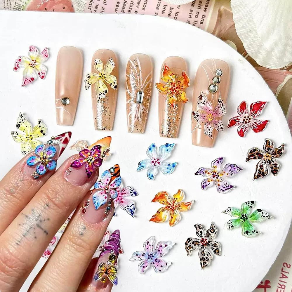 CUBLIVE 100PCS Flower Nail Charms, 3D Hawaii Flower for Nail Art Soft Resin Hibiscus Floral Nail Art Rhinestones, Mixed Flowers