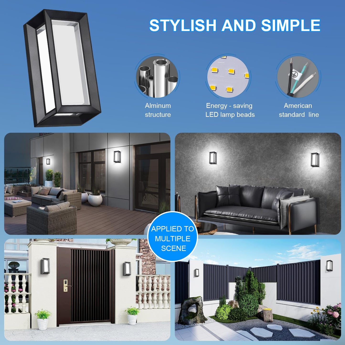 ledmo Outdoor Wall Lights Fixture, 6000K, 1800LM, Waterproof, Aluminum, Black, Model 1289F, 6 Pack