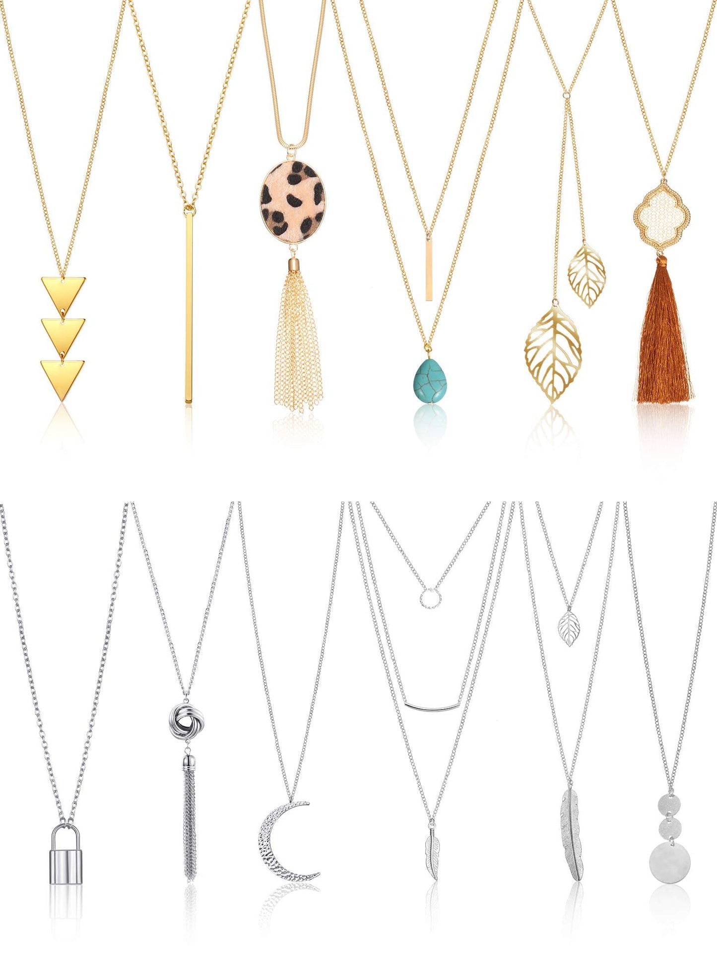 Hicarer 12 Pieces Long Pendant Necklace Set Y Tassel Leaf Circle Bar Necklace for Women (Stylish Style)
