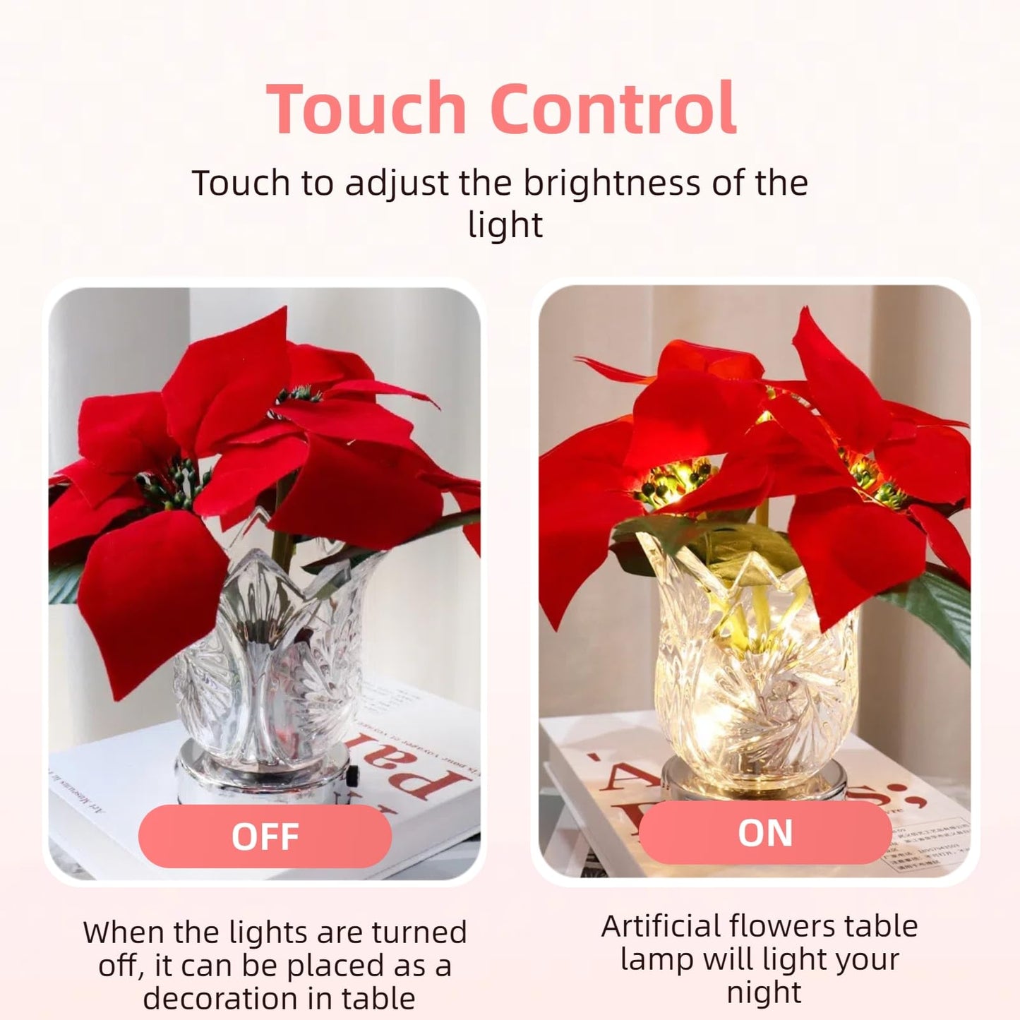 Nikuoan Christmas Poinsettia Table Lamp  Artificial Flower Lamp With Glass Vase Dimmable Cordless Lamp  Night Light Table Lamp For Living Room Bedroom Office Home Decor Gift