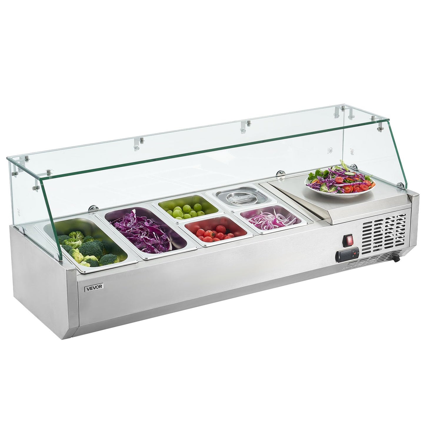 VEVOR Refrigerated Condiment Prep Station, 130 W Countertop Refrigerated Condiment Station, with Two 1/3 Pans & Four 1/6 Pans, 304 Stainless Body and PC Lid, Sandwich Prep Table with Glass Guard