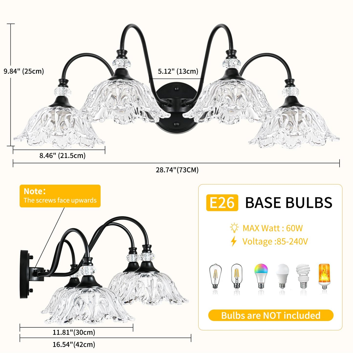 Sunkryster 4-Light Matte Black Bathroom Vanity Light  Farmhouse Vanity Light With Floral Clear Glass Shades  Vintage Wall Mount Lighting For Bathroom