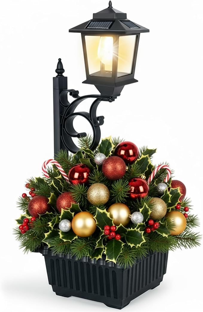 PASAMIC 2 in 1 Outdoor Flower Pots for Real or Fake Flowers, Solar Lamp Post Lights - Wall Mount or Freestanding, Waterpro...