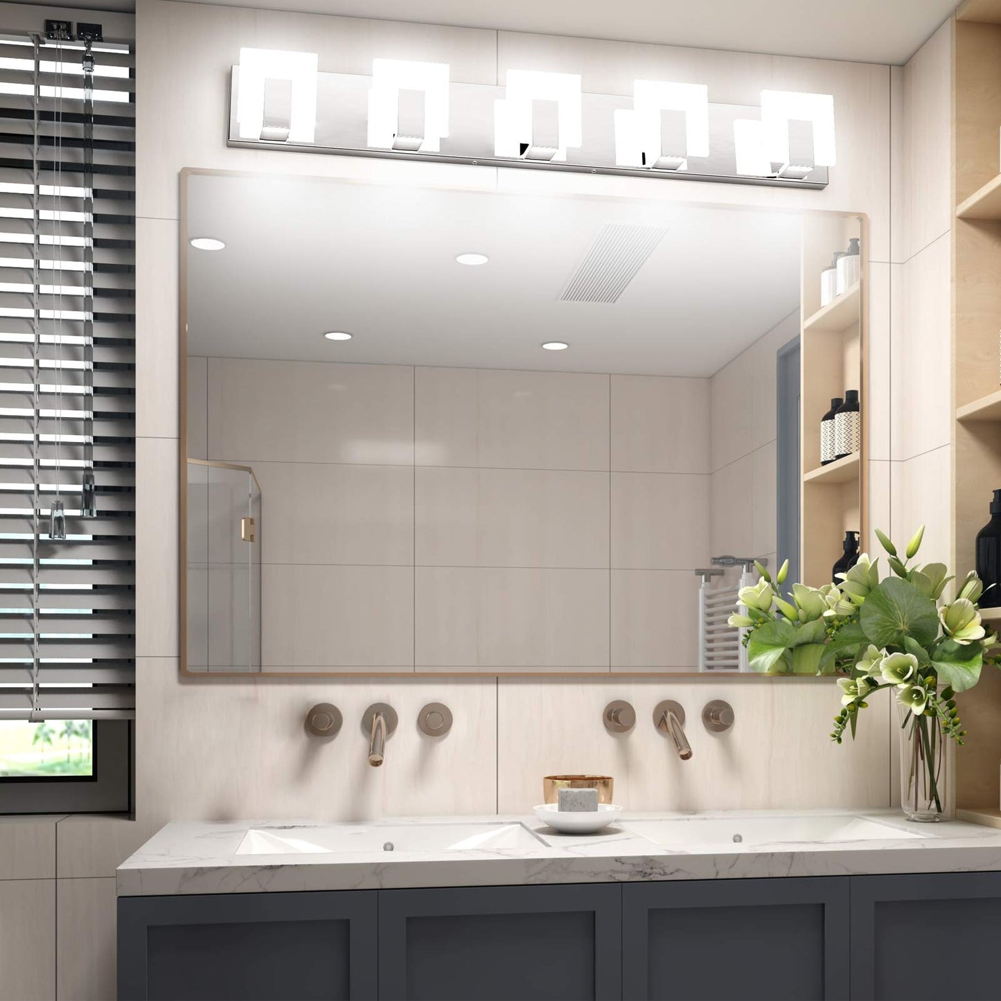 Aipsun Modern Led Bathroom Vanity Light - 5 Lights, Chrome Stainless Steel, Up And Down Over Mirror, 6000K White Light, Model Ca-1105-5T