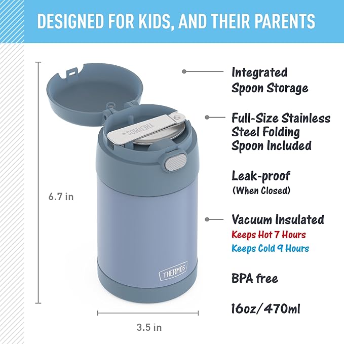 THERMOS FUNTAINER Insulated Food Jar, 16 Ounce, Kid Friendly Food Jar with Foldable Spoon, Denim Blue