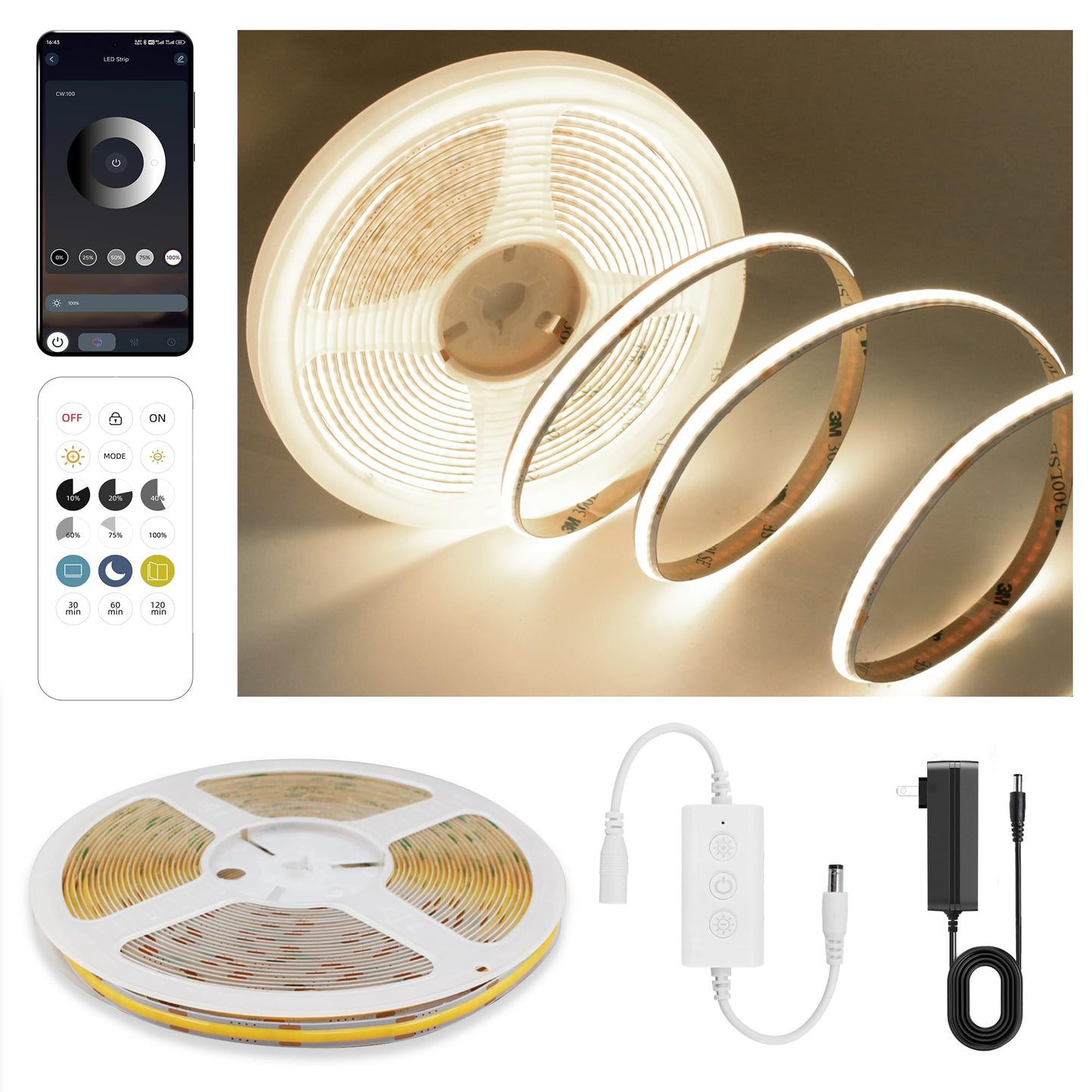 Pandery COB LED Strip Lights 4000K Natural White 9.84FT Dimmable Flexible Light Strip Kit with Remote and App Control Model PD-COB-24V