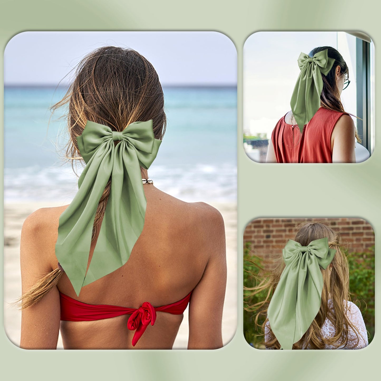 Hair Bows for Women, 2Pcs Olive Green Bow Hair Clips for Girls, Silky Satin Hair Bows Clips Long Tail, Large Hair Barrettes Cute