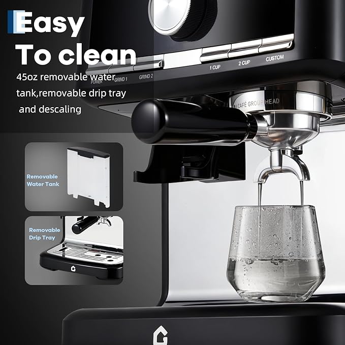 20 Bar Pressure Stainless Steel Espresso Machine with Grinder, 1.5l Removable Water Tank, Milk Frother Steam Wand for Latte and Cappuccino, Adjustable Shot Volume,Black
